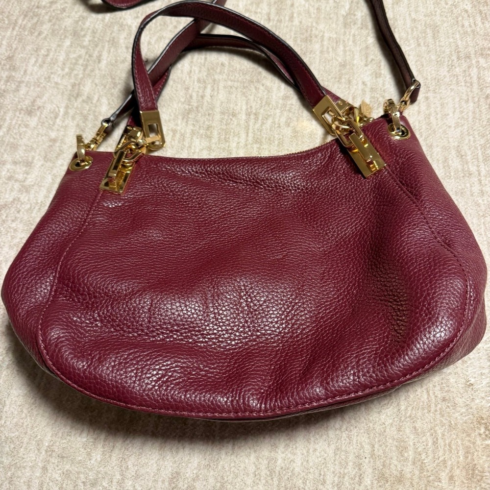 Michael Kors Brooke Large Pebbled Leather Satchel Shoulder Bag Burgundy Gold - Picture 7 of 9